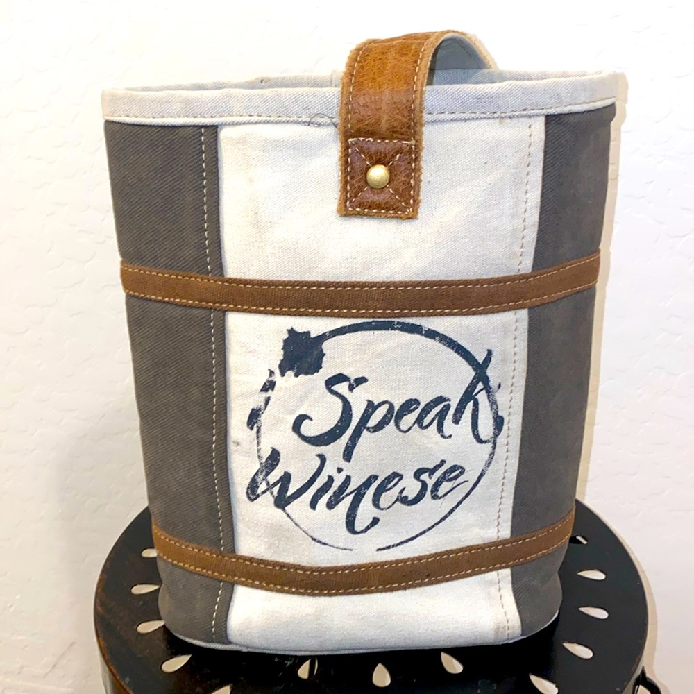 MYRA Bag Cowhide & Canvas Gray & Beige Wine Bag EUC